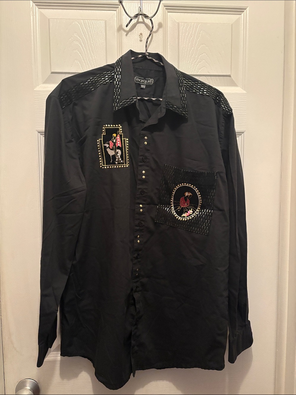 Marquise Black Long-Sleeve Button-Down Shirt with Embroidered Patches